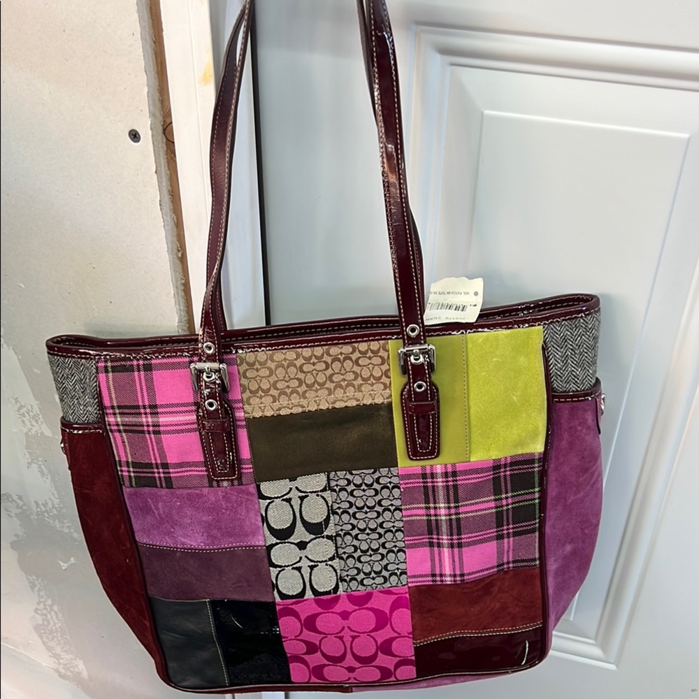 Coach Pink and Green Patchwork Tote Bag